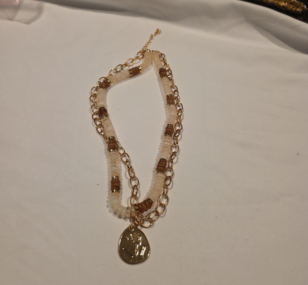 Gold Chain and Cream Beaded Layered Necklace with Pendant
